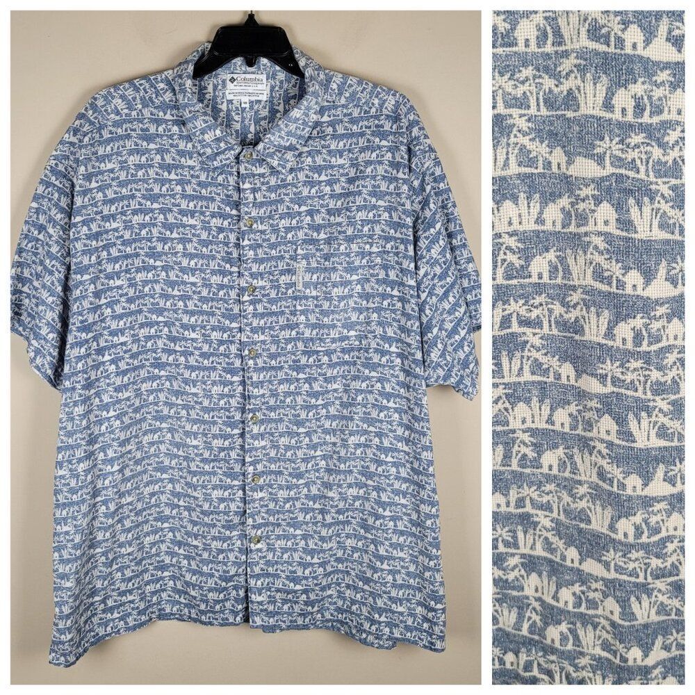 Columbia Size 4XB Hawaiian Beach Palms Cotton Button Up Shirt Short Sleeve Blue